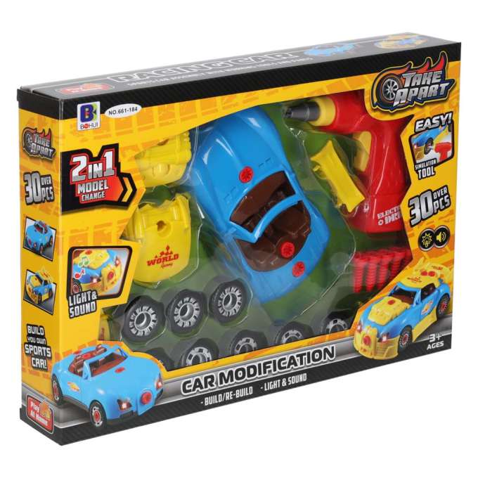 Automobilis su garsais ir šviesomis, surenkamas atsuktuvu