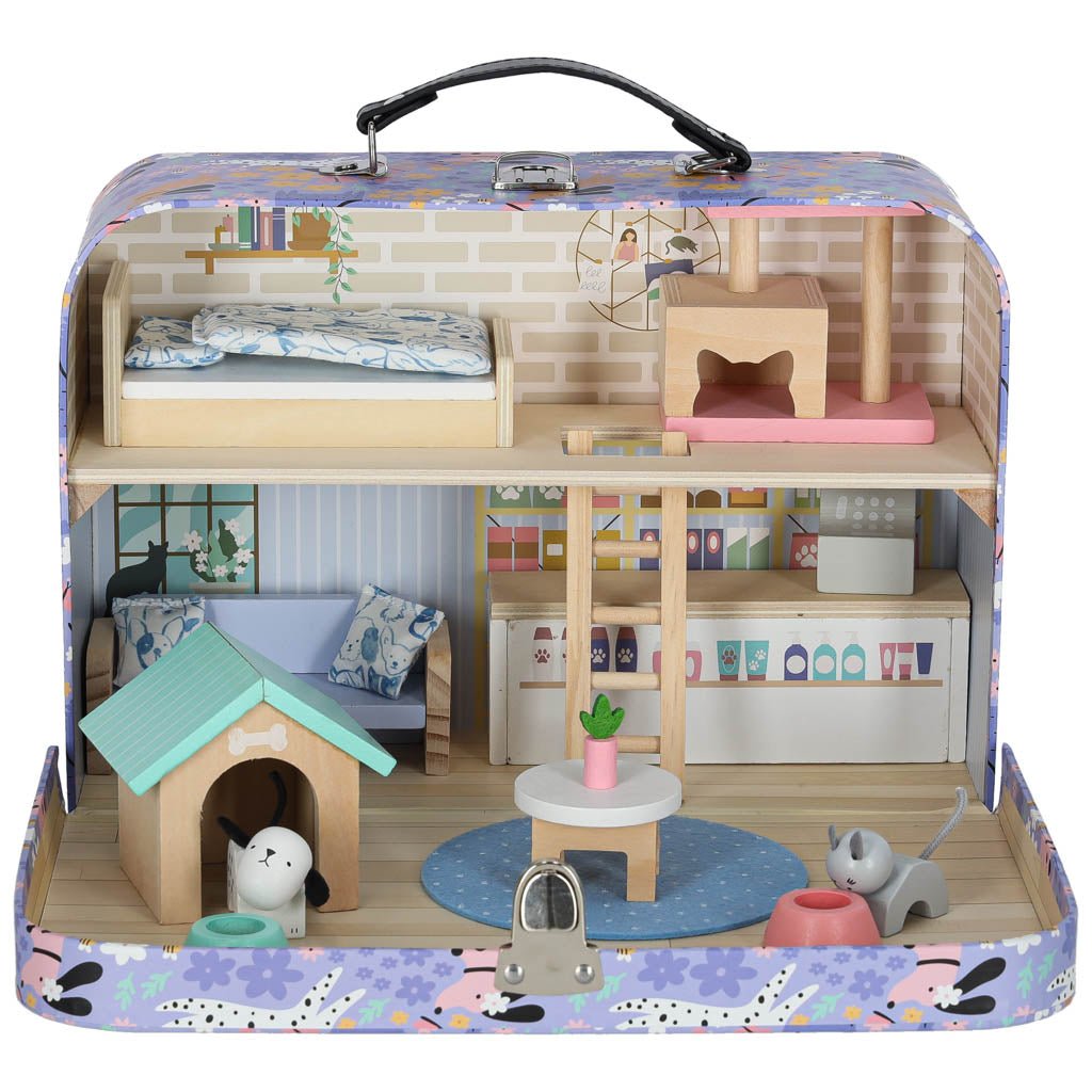 Lagaminas - namelis su gyvūnėliais ir baldais